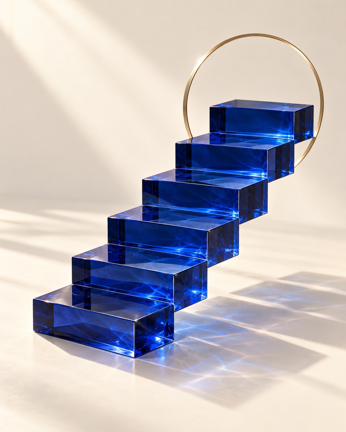 A sculptural staircase in royal blue glass rising through a brass circle